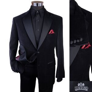Stafford Sz 40R Red Black Velvet Velour Smoking Tuxedo Satin Blazer Jacket Coat